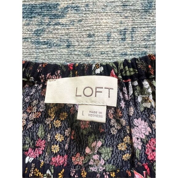 Loft Black Pink Red Orange Floral Print Garden Smocked Peasant Top Large - Picture 4 of 7